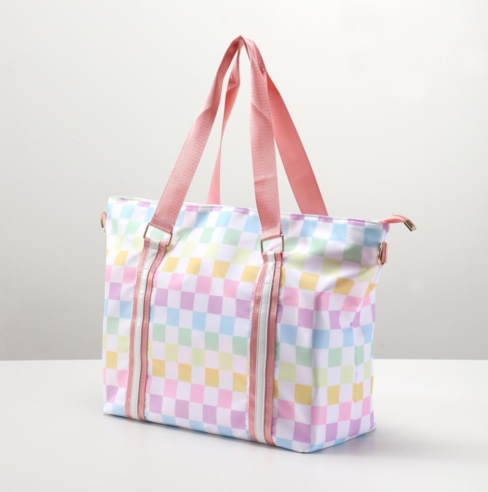 Zippered Tote Bag with Shoulder Strap Pastel Checkered