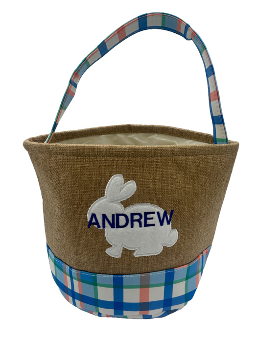 Embroidered Personalized Easter Basket Burlap and Plaid