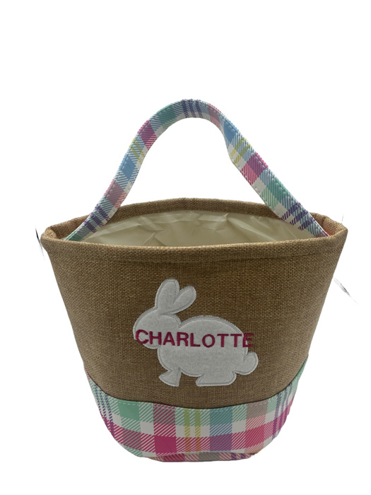 Embroidered Personalized Easter Basket Burlap and Plaid