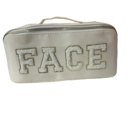White Zippered Cosmetic Varsity Letter Patch "FACE" bag with handle