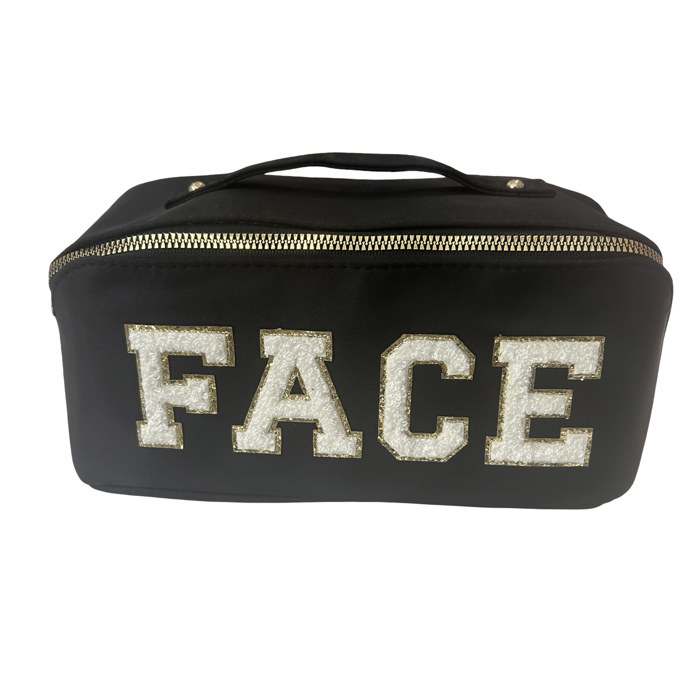 Zippered Cosmetic Varsity Letter Patch "FACE" bag with handle
