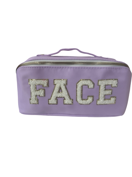 Zippered Cosmetic Varsity Letter Patch "FACE" bag with handle