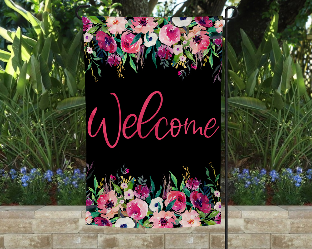 Garden Flag - Welcome Black Floral