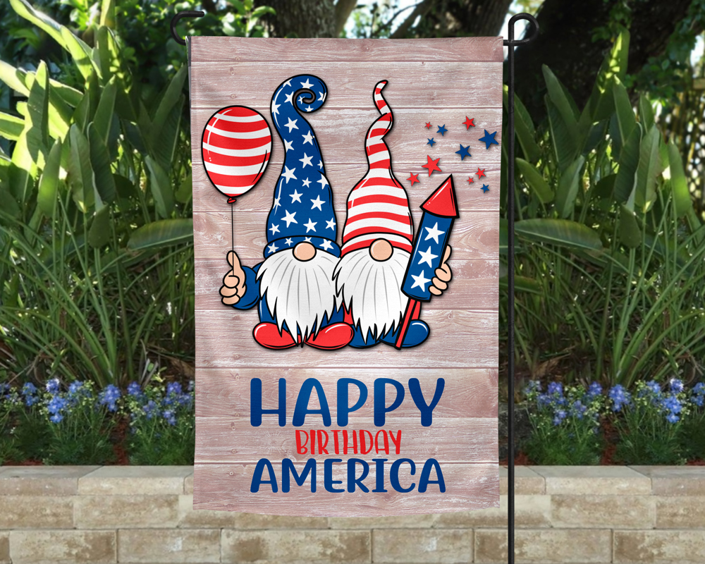 Garden Flag - Gnomes Happy Birthday America