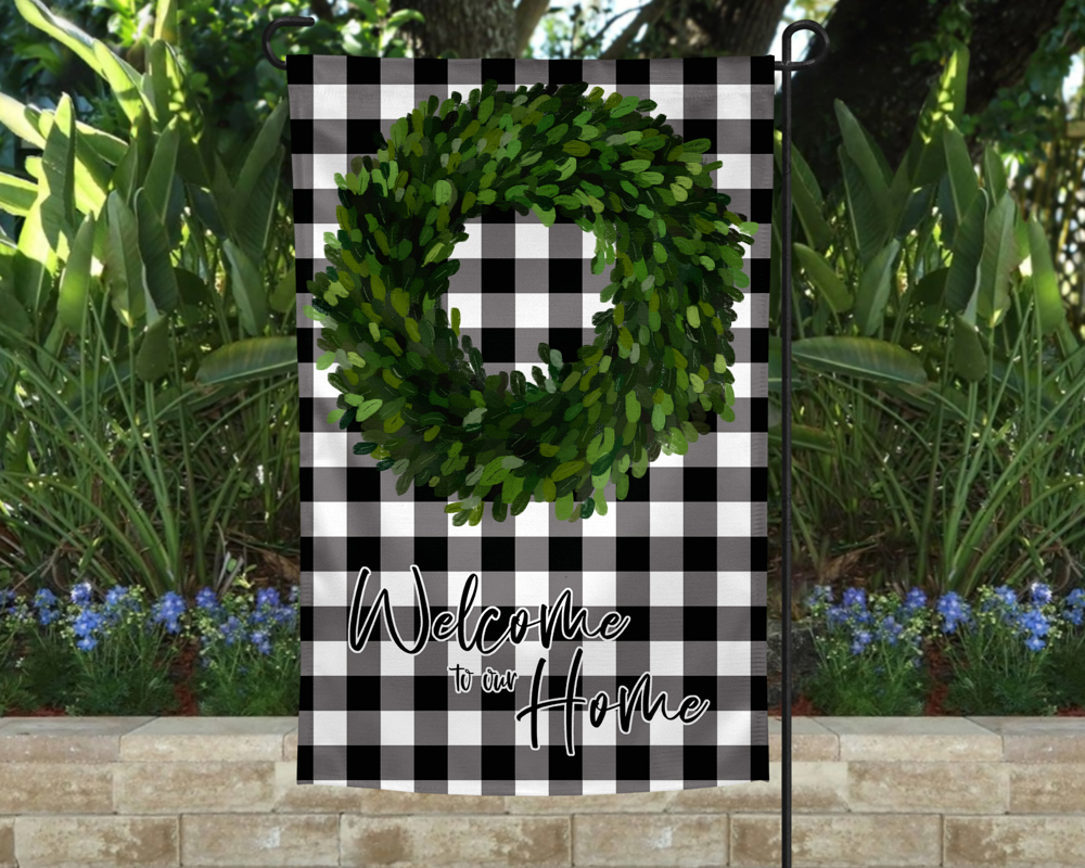 Garden Flag - Welcome to Our Home Boxwood Black Checkered