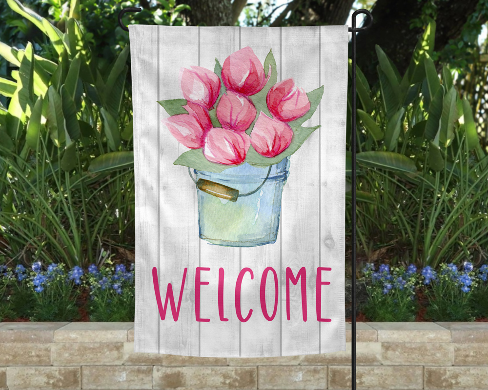 Garden Flag - Welcome Bucket of Tulips