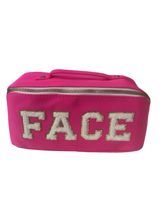 Zippered Cosmetic Varsity Letter Patch "FACE" bag with handle