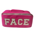 hot pink Zippered Cosmetic Varsity Letter Patch "FACE" bag with handle