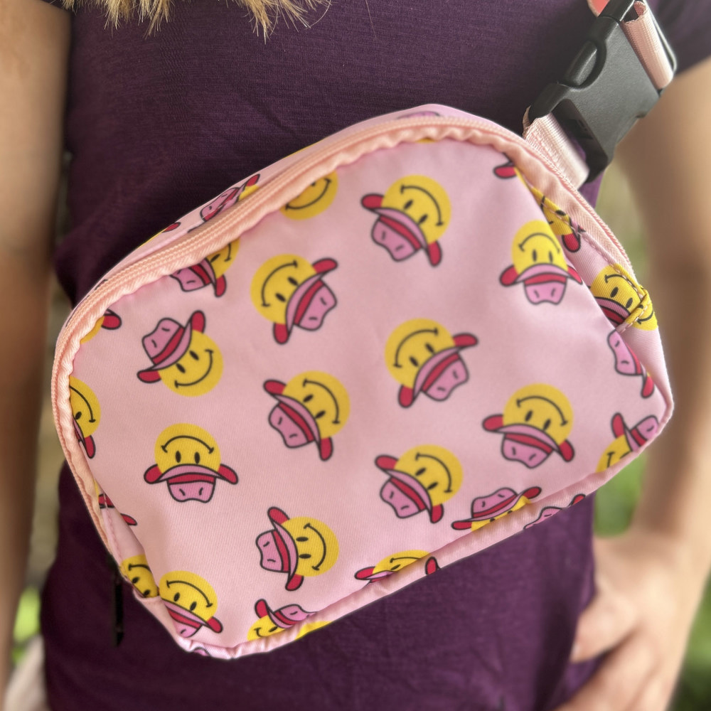 Crossbody Belt Bag Fanny Pack - Light Pink Smiley Cowboy Hat