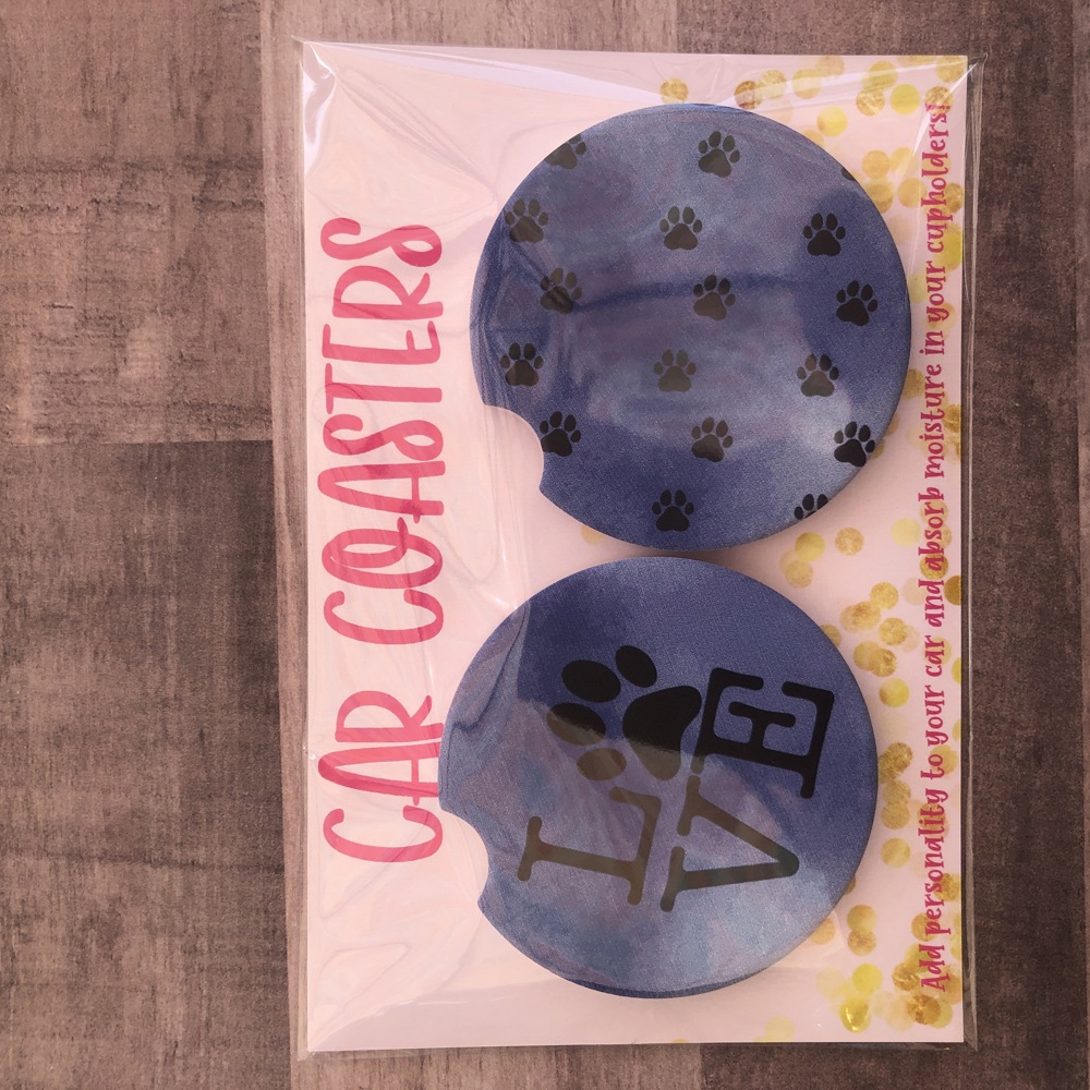 Car Coasters - Blue LOVE Paw Prints