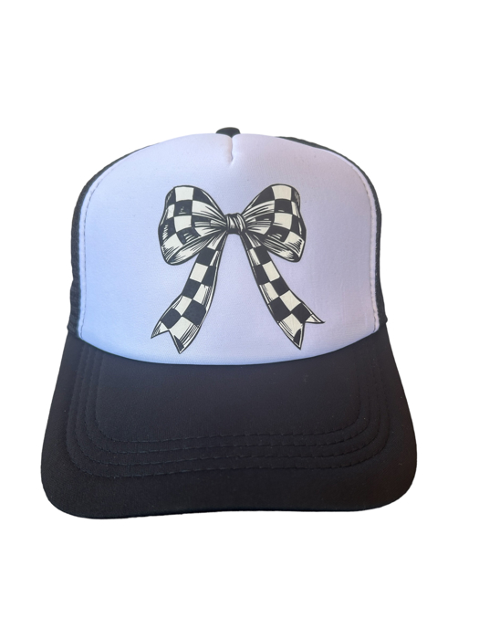 Trucker Hat - Black and White Checkered Bow
