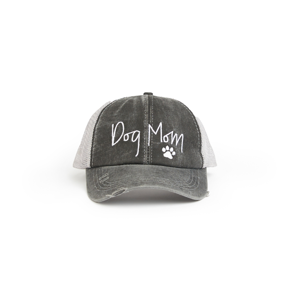 Distressed Embroidered "Dog Mom" Trucker Hat - Gray