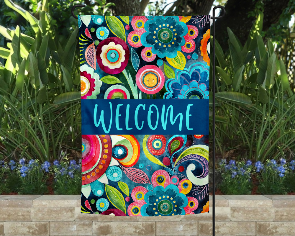 Garden Flag - Welcome Center Blue Flower Swirl