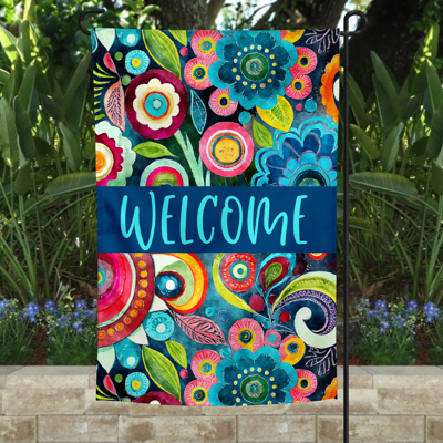 Garden Flag - Welcome Center Blue Flower Swirl