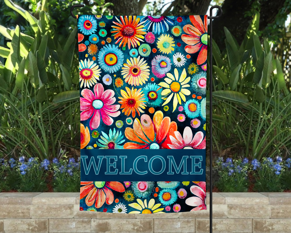 Garden Flag - Welcome Teal Daisies