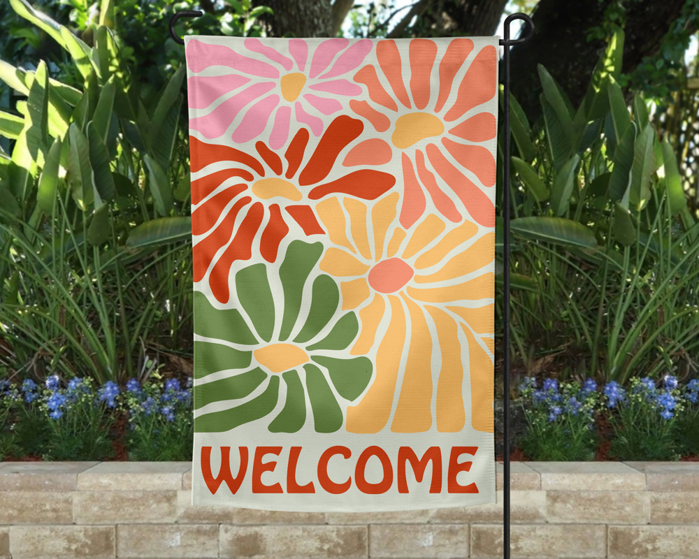 Garden Flag - Welcome Orange Boho Flowers