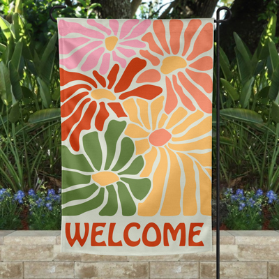 Garden Flag - Welcome Orange Boho Flowers