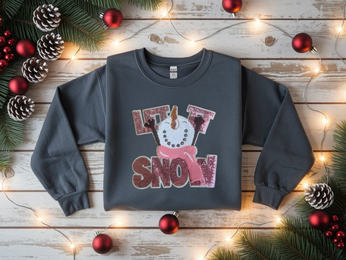 Crewneck Sweatshirt - Charcoal Let It Snow Chenille and Sequin Snowman