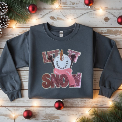 Crewneck Sweatshirt - Charcoal Let It Snow Chenille and Sequin Snowman