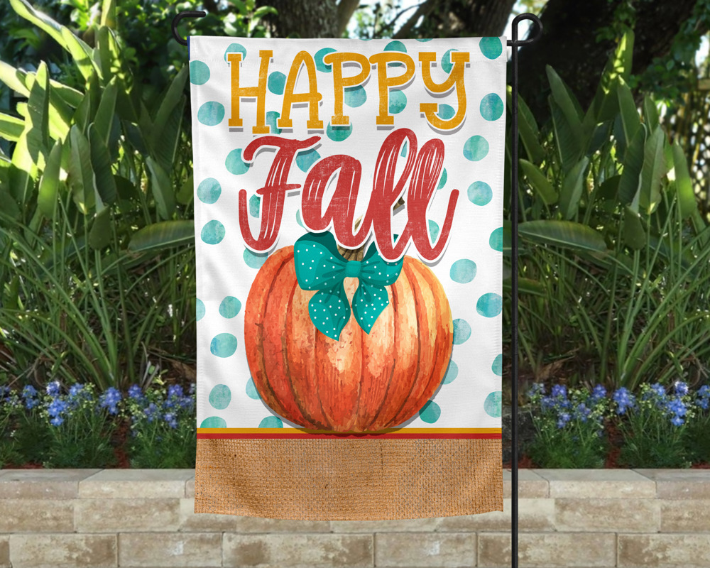 Garden Flag - Happy Fall Pumpkin Teal Dots