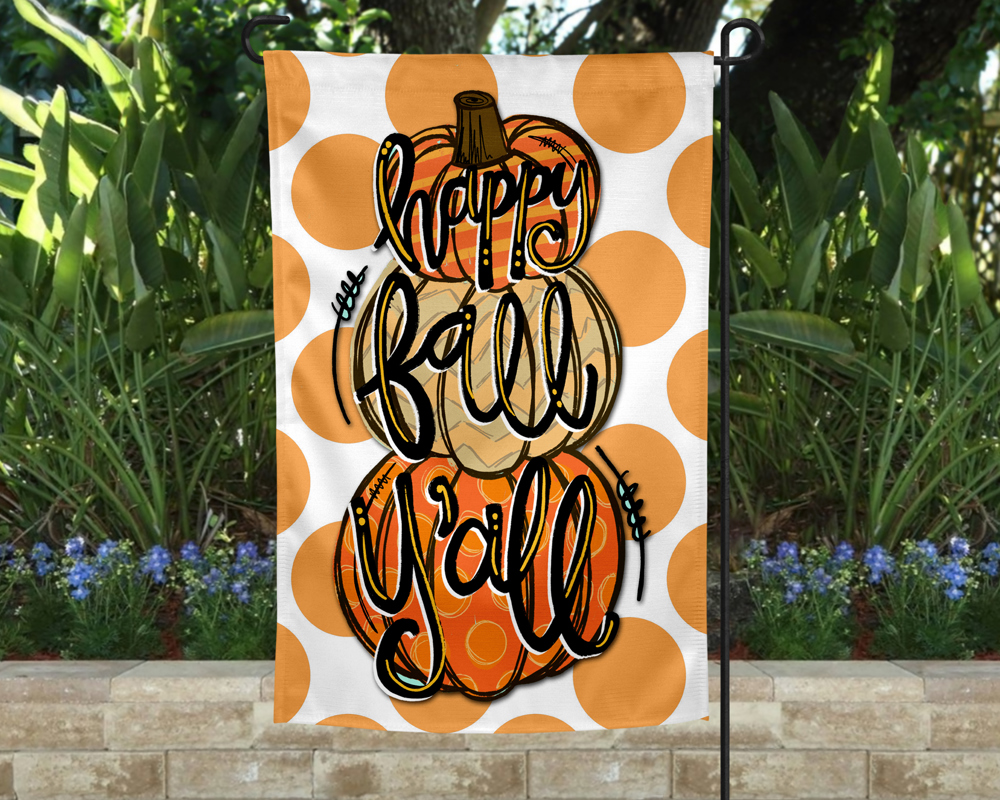 Garden Flag - Happy Fall Y'all Stacked Pumpkins and Orange Dots