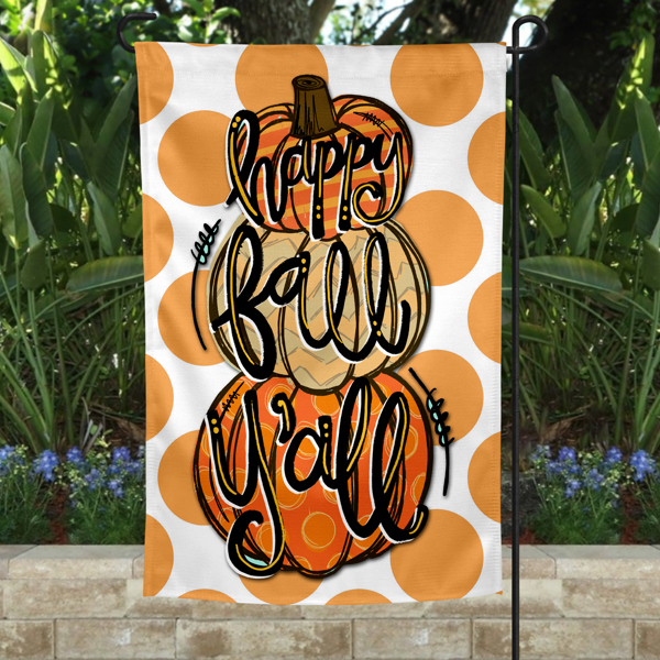 Garden Flag - Happy Fall Y'all Stacked Pumpkins and Orange Dots