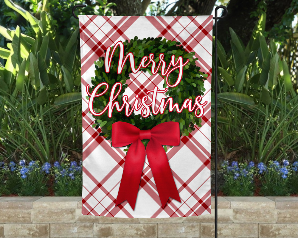 Garden Flag - Merry Christmas Boxwood Bow Plaid