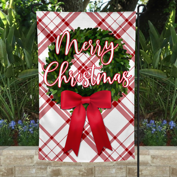 Garden Flag - Merry Christmas Boxwood Bow Plaid