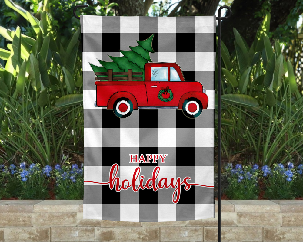 Garden Flag - Happy Holidays Red Truck with Tree Buffalo Plaid