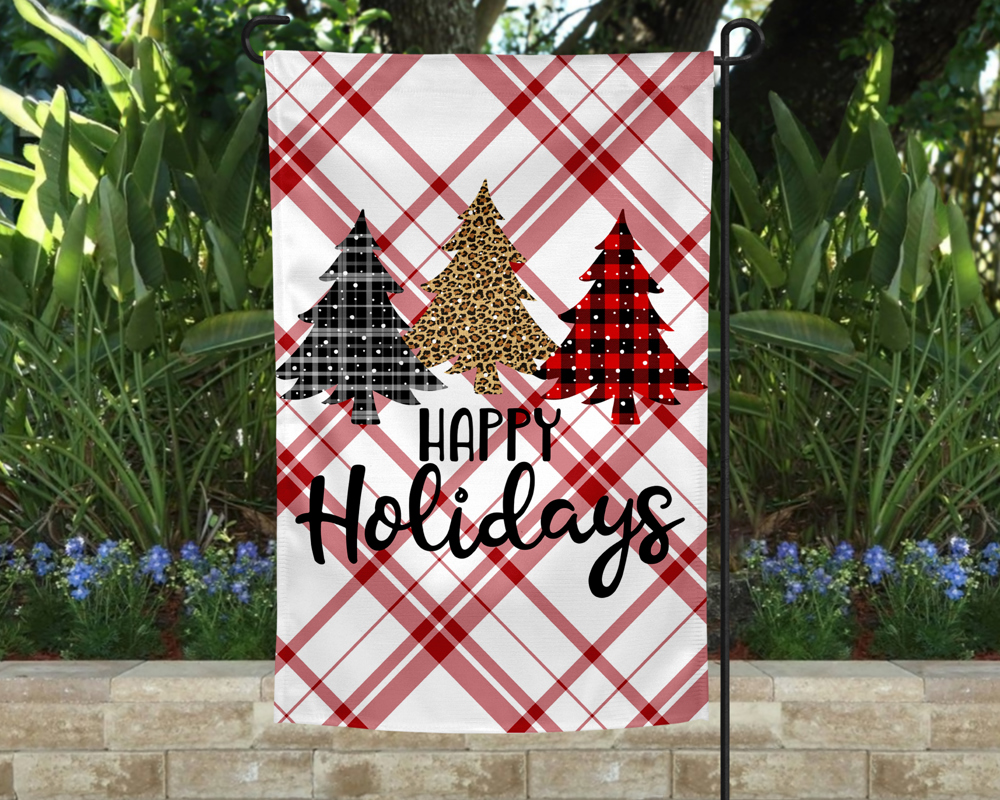 Garden Flag - Happy Holidays Three Trees Plaid