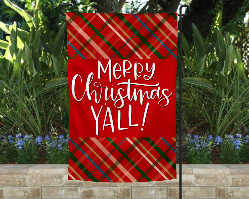 Garden Flag - Merry Christmas Y'all Red Plaid