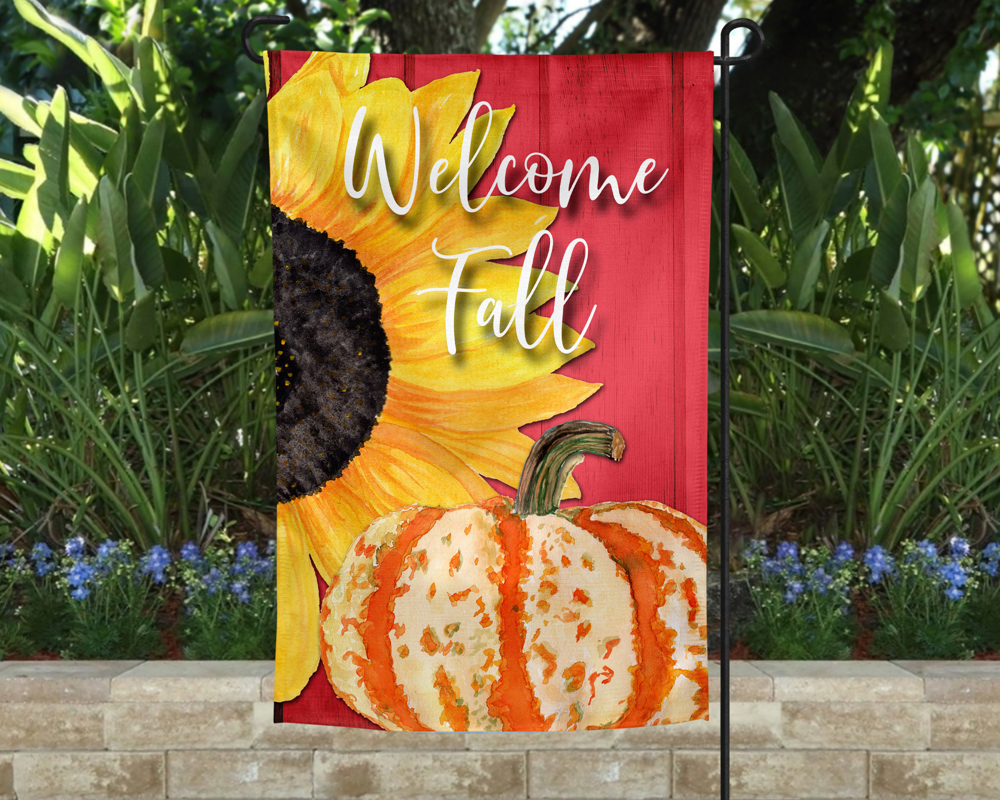 Garden Flag - Welcome Fall Sunflower and Pumpkin Red