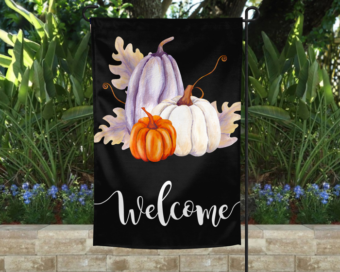 Garden Flag - Welcome Three Pumpkins Black Background