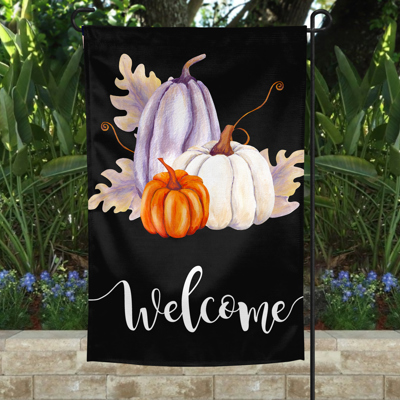 Garden Flag - Welcome Three Pumpkins Black Background