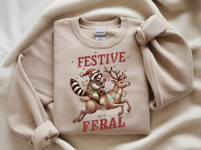 Crewneck Sweatshirt - Festive but Feral Raccoon and Reindeer