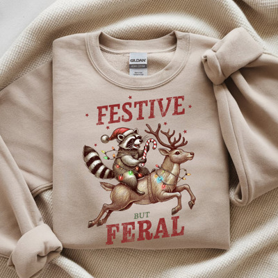 Crewneck Sweatshirt - Festive but Feral Raccoon and Reindeer