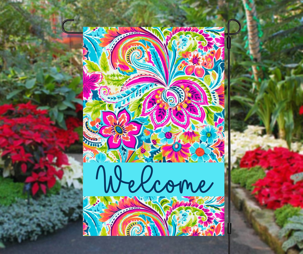 Garden Flag - Welcome Blue and Fuchsia