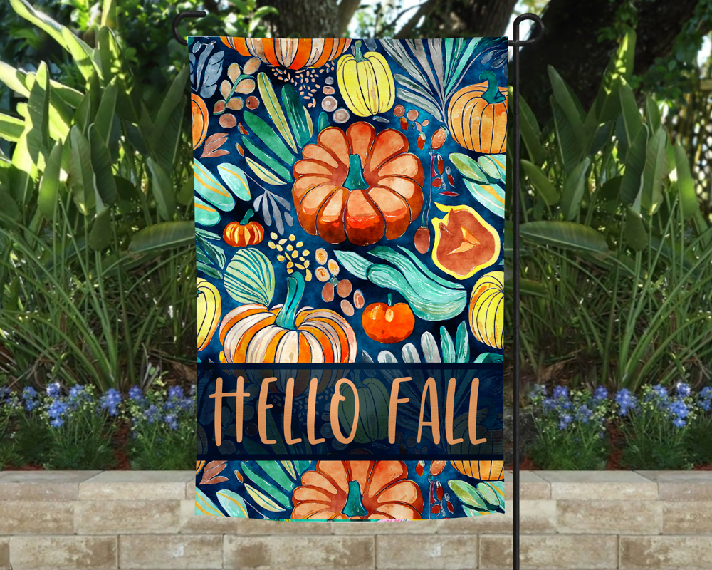 Garden Flag - Hello Fall Blue Pumpkins