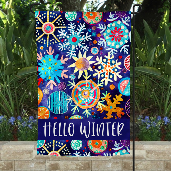 Garden Flag - Hello Winter Blue Snowflakes