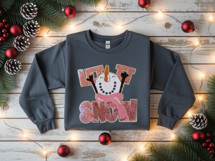 Crewneck Sweatshirt - Charcoal Let It Snow Chenille and Sequin Snowman