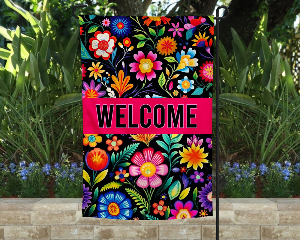 Garden Flag - Welcome Pink Flowers