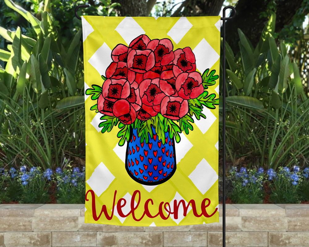 Garden Flag - Welcome Red Poppies Blue Vase