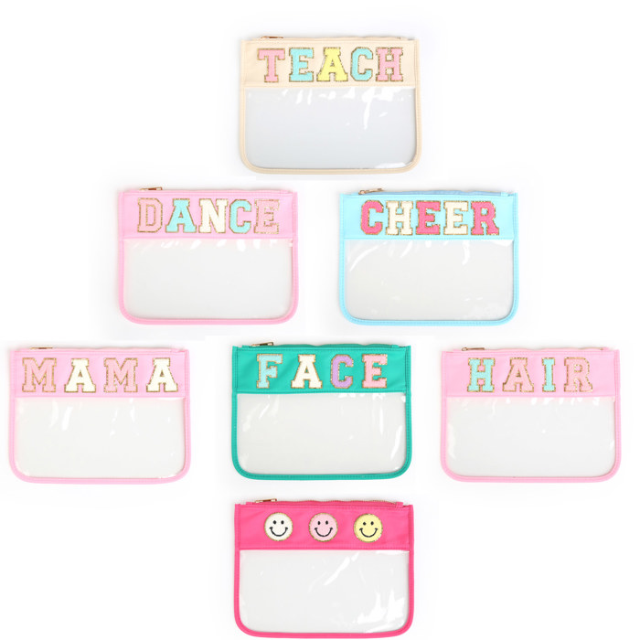 Colorful Clear Pouches with Varsity Letter Patches