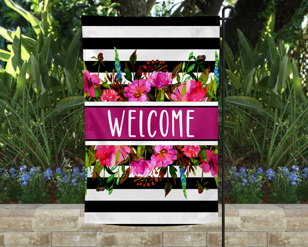 Garden Flag - Welcome Pink Floral with Black White Stripe