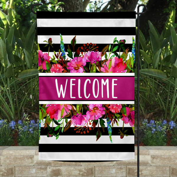 Garden Flag - Welcome Pink Floral with Black White Stripe