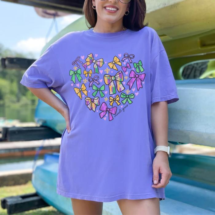 Mardi Gras Shirts for Women Multiple Designs - Bow Collage Comfort Colors Tee - Mardi Gras Outfits - Carnival Graphic T-Shirts - Fat Tuesday Tops