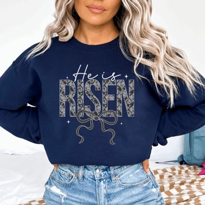 He Is Risen Sweatshirt with Lace Letters and Bow, Christian Easter Crewneck, Religious Easter Shirt Cozy Unisex