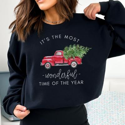Most Wonderful Time Christmas Truck Sweatshirt, Vintage Red Truck Christmas Crewneck, Cozy Holiday Sweatshirt for Women