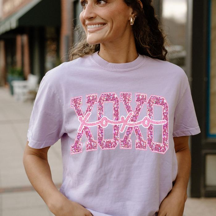 XOXO Pink Print Sequin Comfort Colors Tee, Valentine's T-Shirts for Women, Valentine's Day Shirt Graphic Tee Cotton