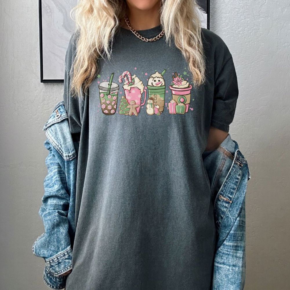 Pink Peppermint Lattes Christmas Shirt, Comfort Color Tees, Gingerbread Christmas Graphic Tees, Leopard Christmas Trees Shirts for Women, Merry and Bright Women's Holiday Shirt Coffee